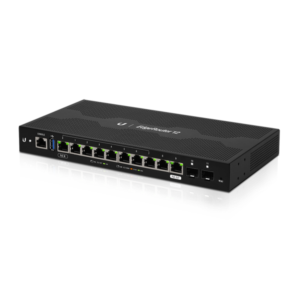  EdgeRouter 12 High-performance router with a built-in Layer 2 switch, (10) Gigabit RJ45 ports, and (2) SFP ports.