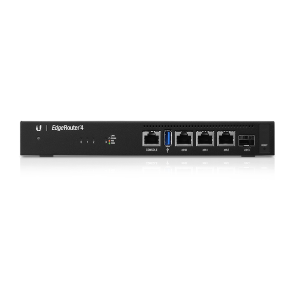  EdgeRouter 4 Fanless router with a four-core, 1 GHz MIPS64 processor, (3) Gigabit RJ45 ports, and an SFP port.