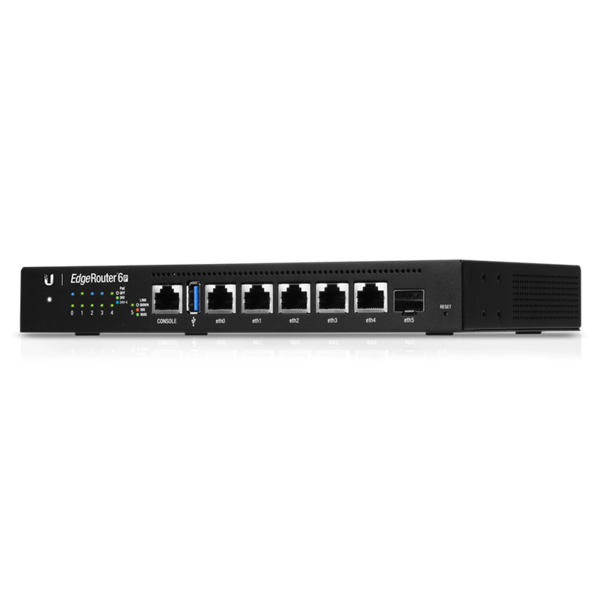  EdgeRouter 6P Fanless router with a four-core, 1 GHz MIPS64 processor, (5) Gigabit RJ45 ports, and an SFP port.