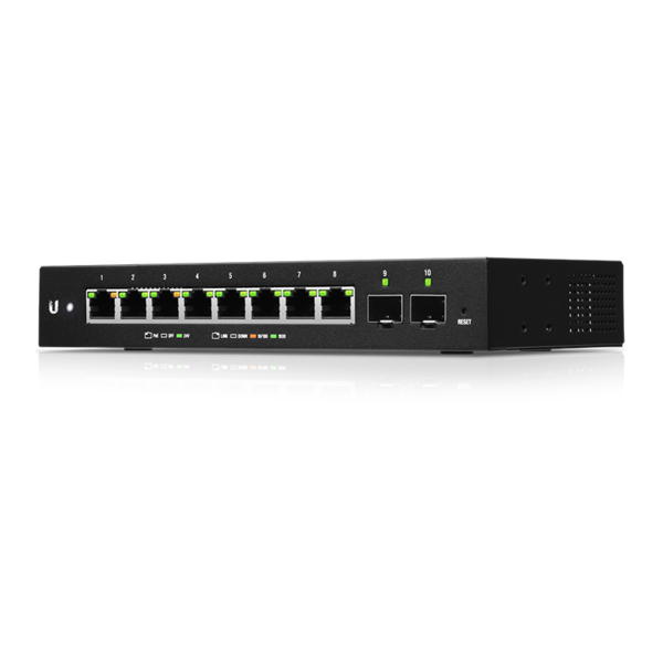 EdgeSwitch 10XP Compact WISP switch sporting (8) Gigabit RJ45 ports, each equipped with a 24V passive PoE output, and (2) SFP ports.